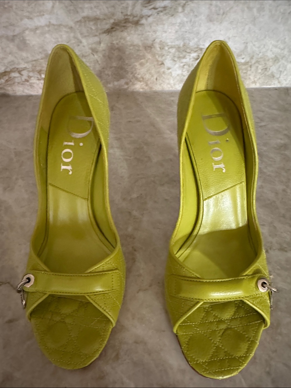Dior Lime Green Quilted Peep-Toe Leather Pumps